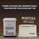 Backup generators from Postma Heating & Cooling, featuring text "Power outages are unpredictable. Your backup plan shouldn't be."