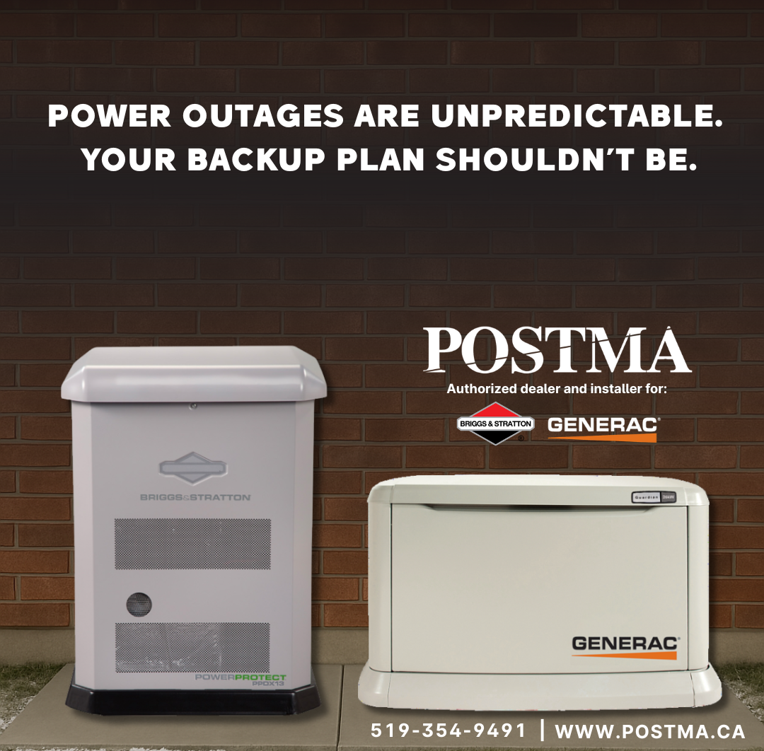 Briggs & Stratton and Generac backup generators displayed side by side with the text "Power outages are unpredictable. Your backup plan shouldn&rsquo;t be." and Postma Heating & Cooling branding, emphasizing reliable generator installation services in Chatham, Ontario.