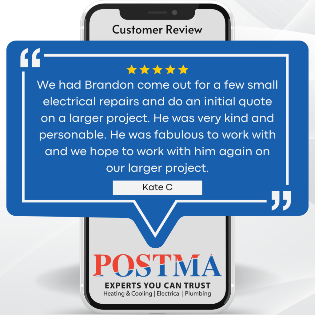 Customer review on smartphone screen highlighting positive feedback about Postma Electricians, emphasizing kindness and professionalism of technician Brandon, with five-star rating and company logo.