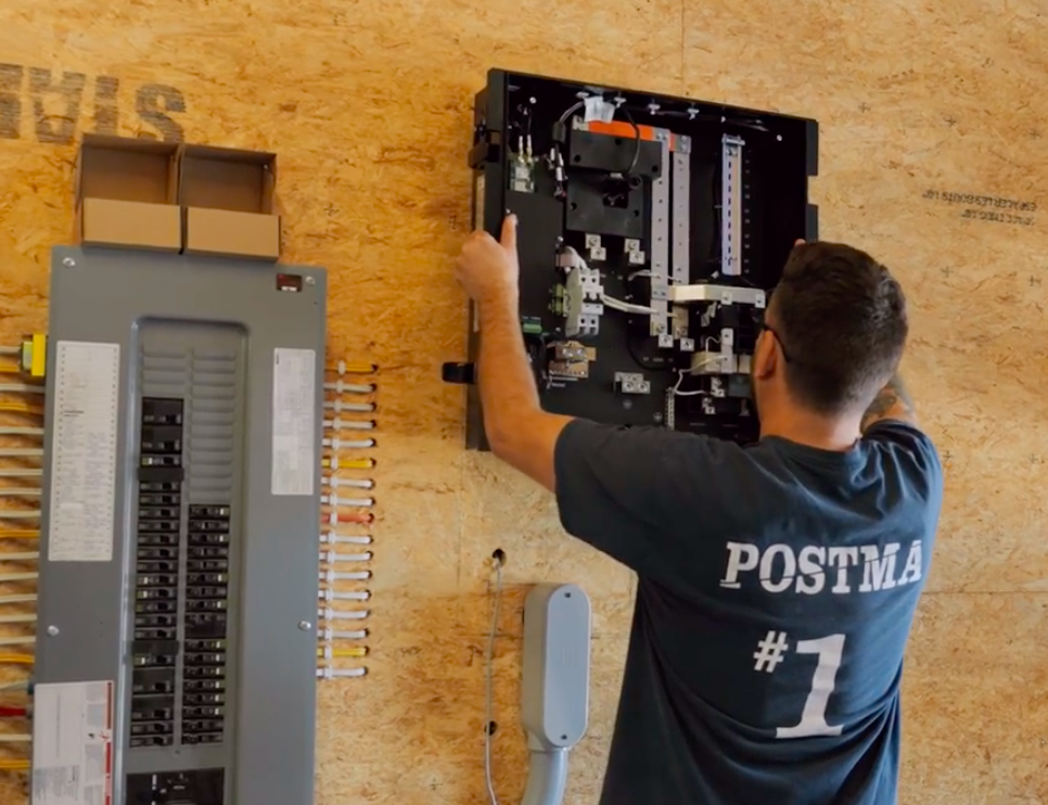 Technician installing an EV charger on a wall, showcasing Postma branding, with an electrical panel visible in the background, emphasizing home charging solutions for electric vehicles.