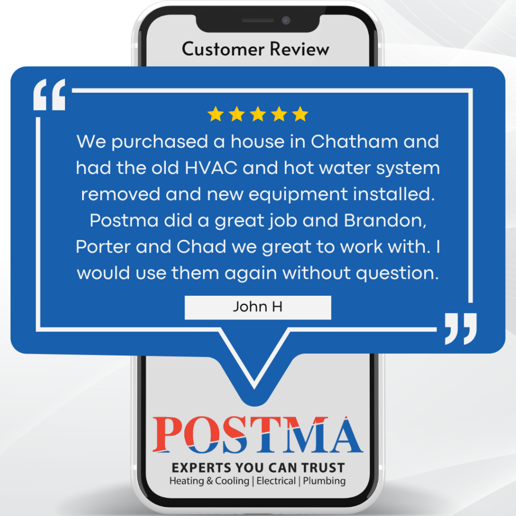 Customer review highlighting professional air conditioner installation by Postma Heating & Cooling
