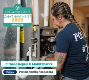 Postma Heating and Cooling technician performing furnace repair in Chatham-Kent; 2025 CommunityVotes Platinum Winner for furnace maintenance services.